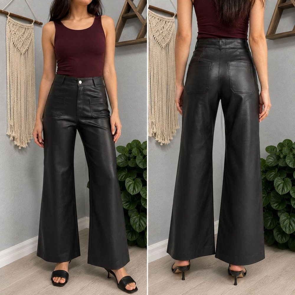 INDUSTRY REPUBLIC BLACK FAUX LEATHER PANTS HIGH WAIST FLARE WIDE LEG